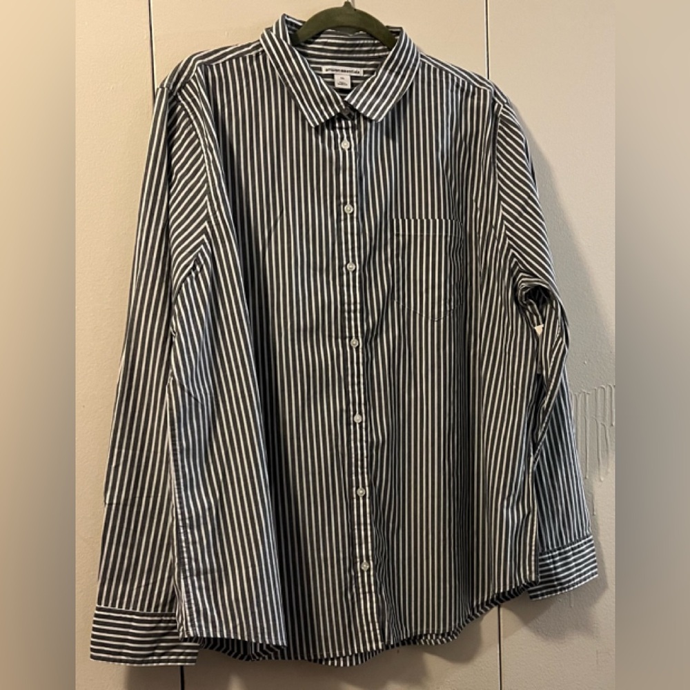 🆕 AMAZON ESSENTIALS LONG SLEEVE GRAY & WHITE STRIPPED TOP (XXL) NWT